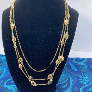 Triple Strand Gold Tone Crystal Dangle Necklace